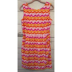 Jude Connally Women's L Sleeveless A-Line Dress Orange Pink Zigzag Made in USA